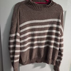 NWOT Sophie-E Striped Brown & White Chenille Sweater- SIZE XL